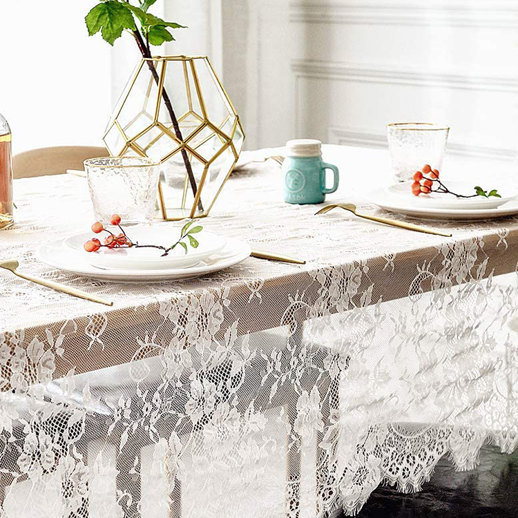 Tecido de pano de mesa de mesa de jantar floral de poliéster branco para festa de casamento