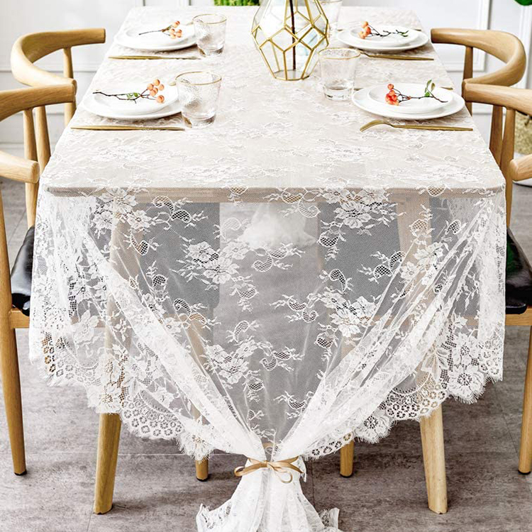 Tecido de pano de mesa de mesa de jantar floral de poliéster branco para festa de casamento
