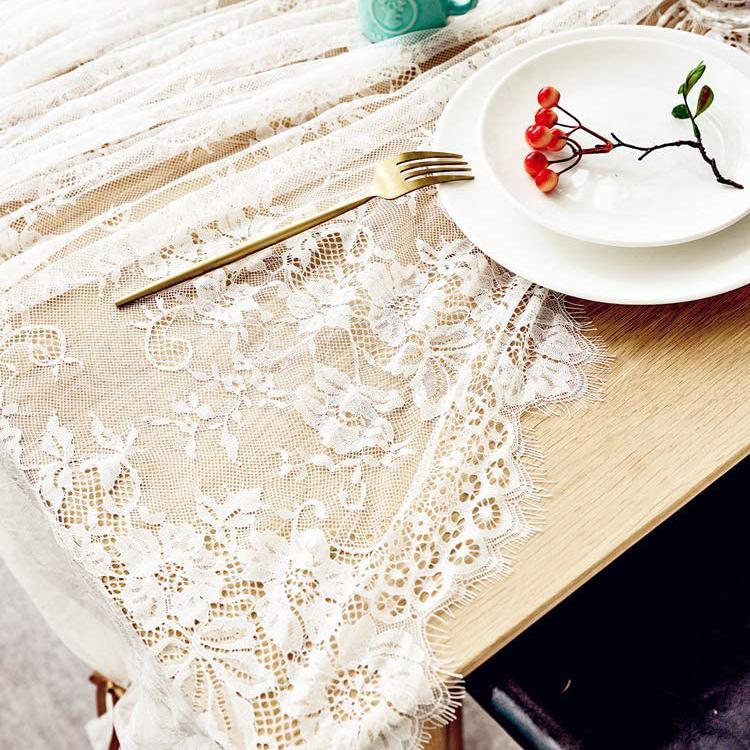 Tecido de pano de mesa de mesa de jantar floral de poliéster branco para festa de casamento